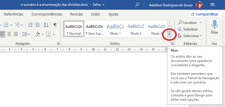 Criar sumário no Word - Estilos - Botão Mais