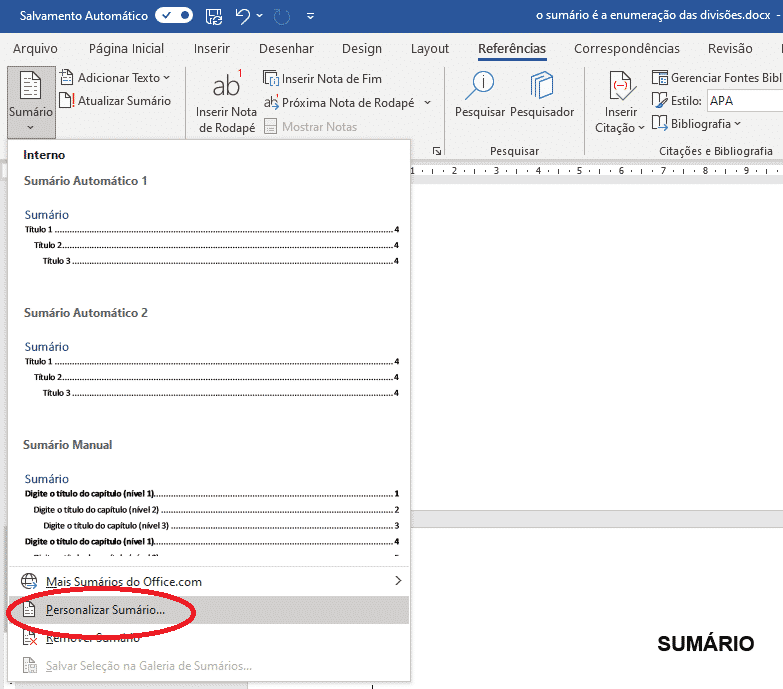 Criar sumário no Word - Personalizar sumário