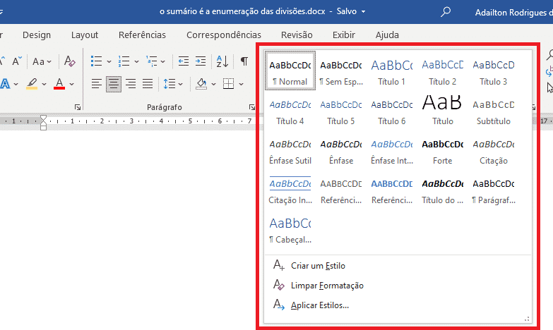 Criar sumário no Word - Relação de estilos
