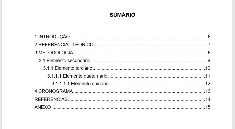 Criar sumário no Word - Sumário mostrando nível