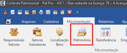 Abrir tela patrimônio no Pat Pro