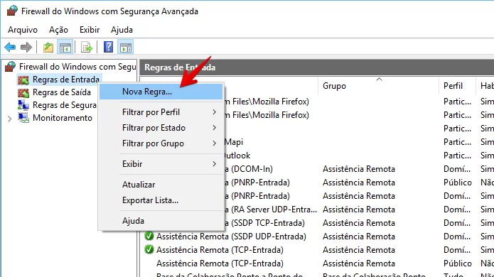 Adicionar nova regra no Firewall do Windows
